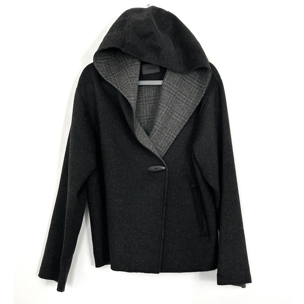 OSKA Boiled Wool Hooded Jacket Gray Size 2 US 8/10 UK 12 Boxy Lagenlook Germany